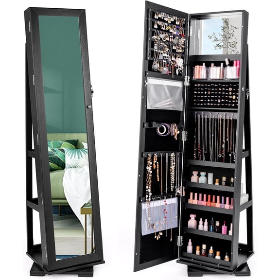 CHARMAID 360° Swivel Jewelry Armoire with Full Length Mirror, Standing Lockable Jewelry Cabinet Organizer, Large Storage Capacity, Inside Makeup Mirror, Back Storage Shelves (Black)