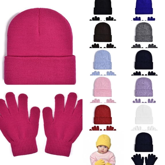Wdgfv 2 Pack Kids Solid Knit Beanie & Gloves Set, Plain Cuffed Winter Warm Hat Mitten Kit, Soft Stretchy Cold Weather Thermal Accessory for Boys Girls 2-8 Years