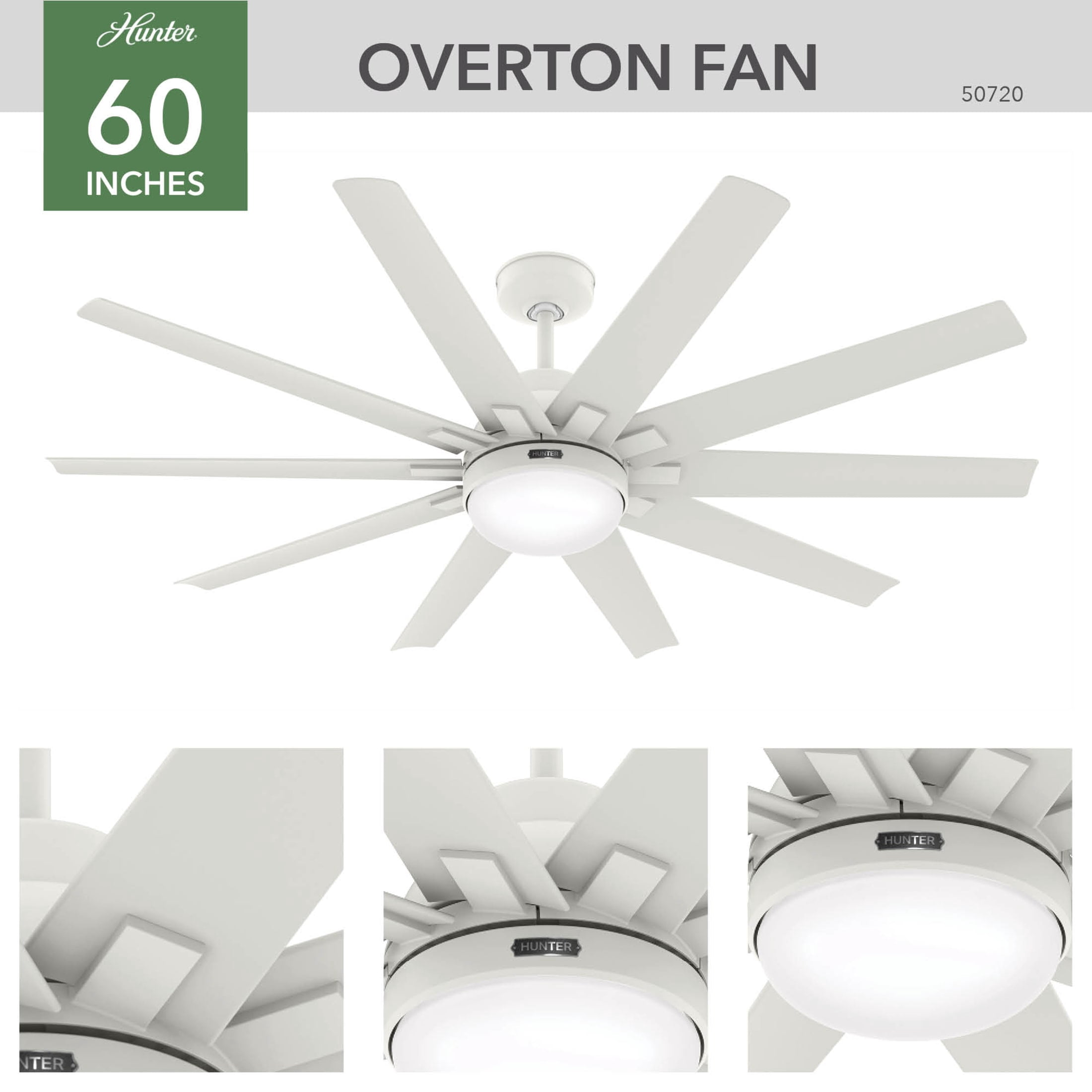Hunter 60 inch Outdoor or Indoor Ceiling Fan with LED Light - White Ceiling Fan with Wall Control, For Patio, Garage, or Porch, Quiet, Standard Mount, 10 Blades - Overton 50720, Matte White