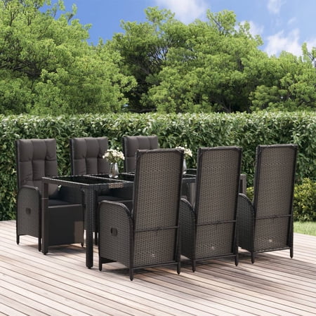 moobody 7 Piece Patio Dining Set with Cushions Black Poly Rattan