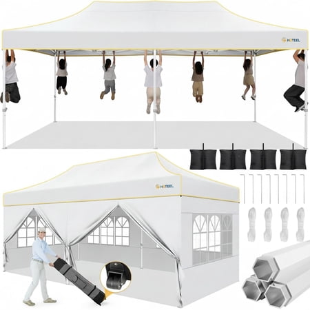 HOTEEL 10X20 Canvas canopies Heavy Duty with 6 Sidewalls Waterproof Party Tent Easy Set-up Commercial Instant Tents with Roller Bag & Sandbags Hexagonal Leg White