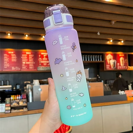 

1.1L Motivational Stickers Cup Sports Gym Straw Large Capacity Scale Bottle Water Bottle Time Marker PURPLE