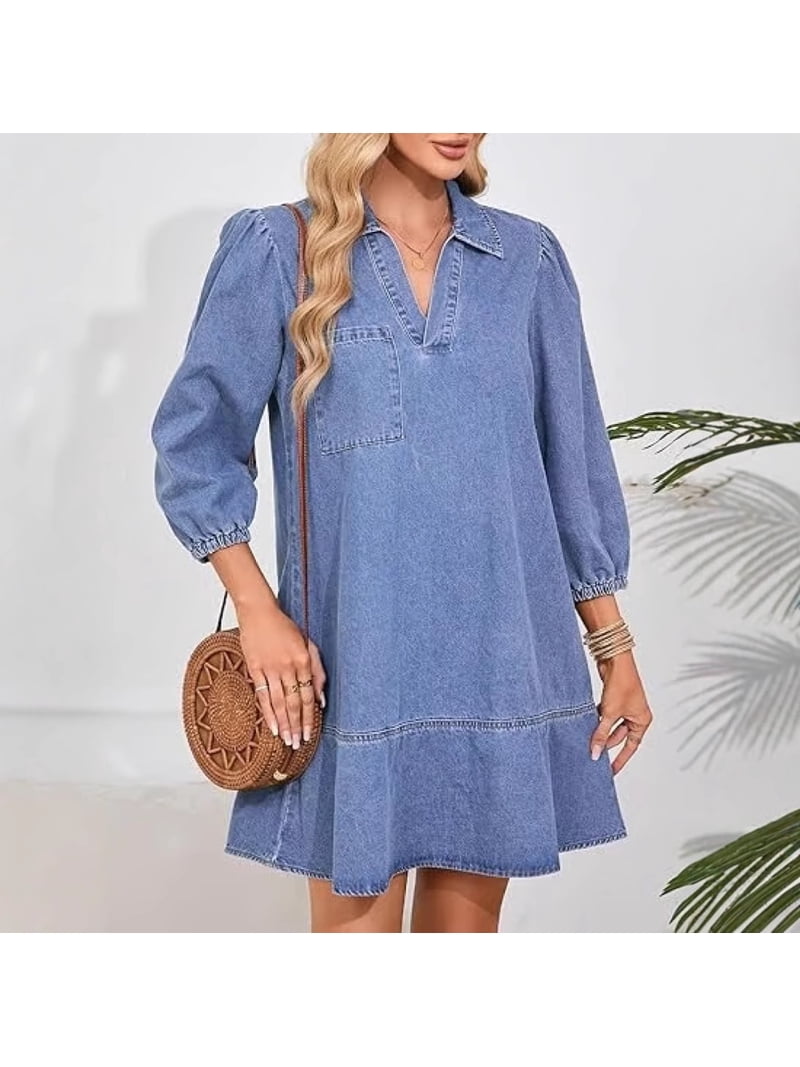 V-Neck Denim Dress with 3/4 Length Puff Sleeves