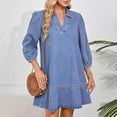 thumbnail image 4 of V-Neck Denim Dress with 3/4 Length Puff Sleeves - Mid-Calf Casual Basic Stretch Cotton Jean Shirt Dress for Women Denim Dress for Women, 4 of 8