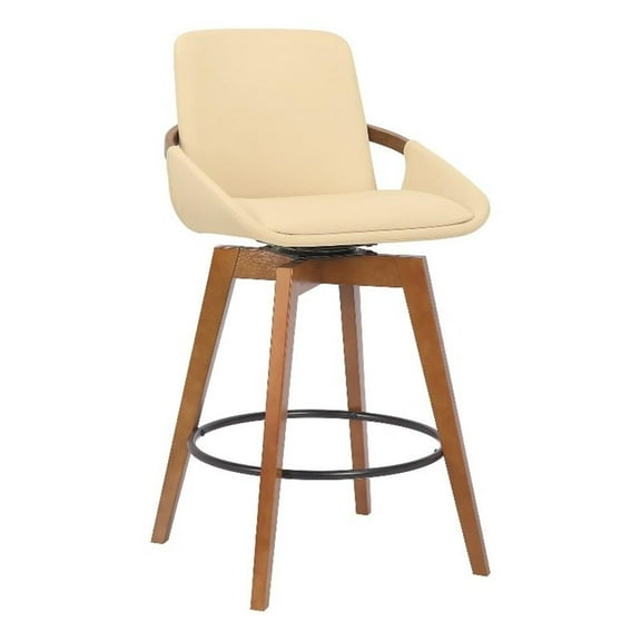 Pemberly Row 30" Wood/Faux Leather Swivel Bar Stool in Cream/Walnut