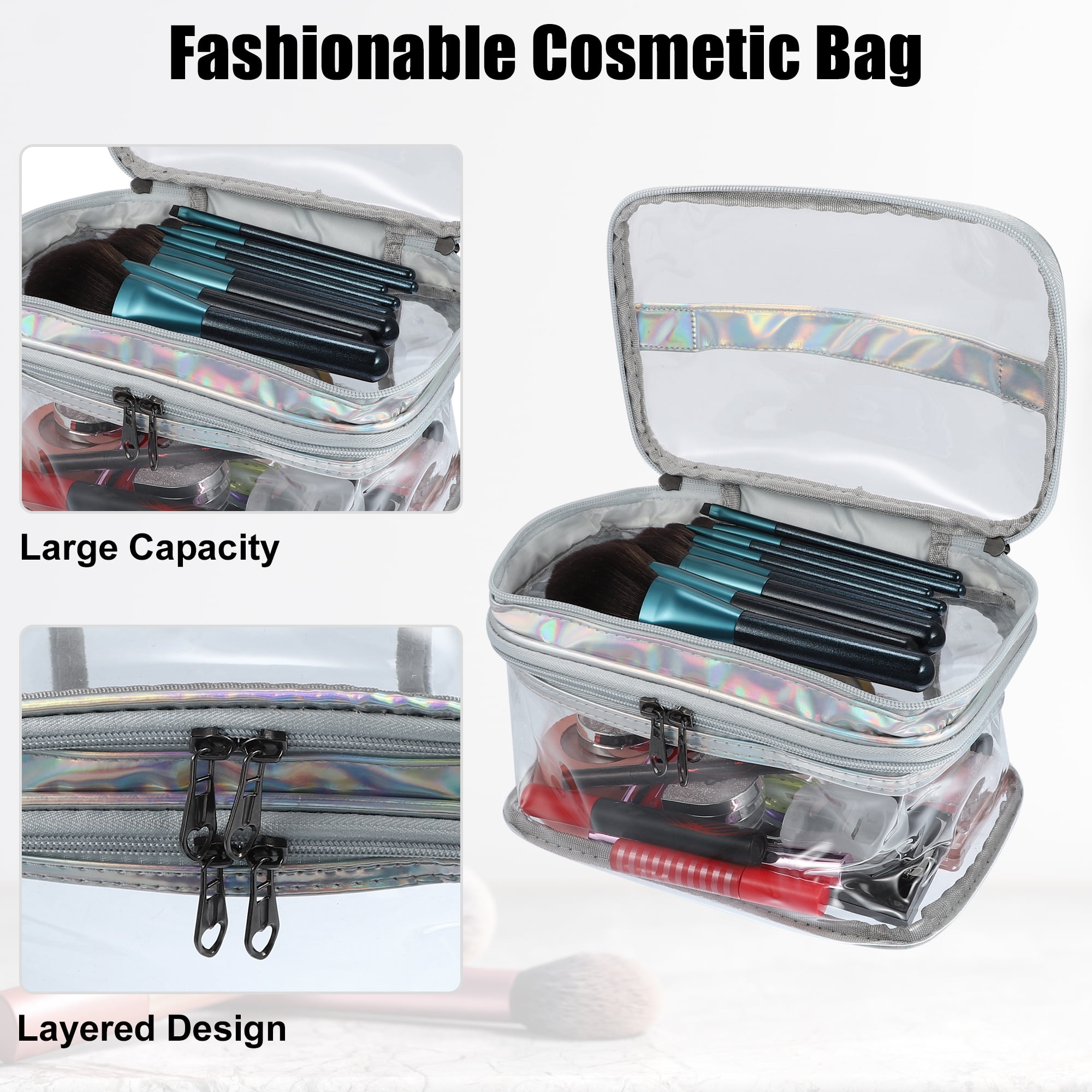 Unique Bargains Double Layer Makeup Bag Cosmetic Travel Bag Case Make Up  Organizer Bag Clear Bags for Women 1 Pc Black
