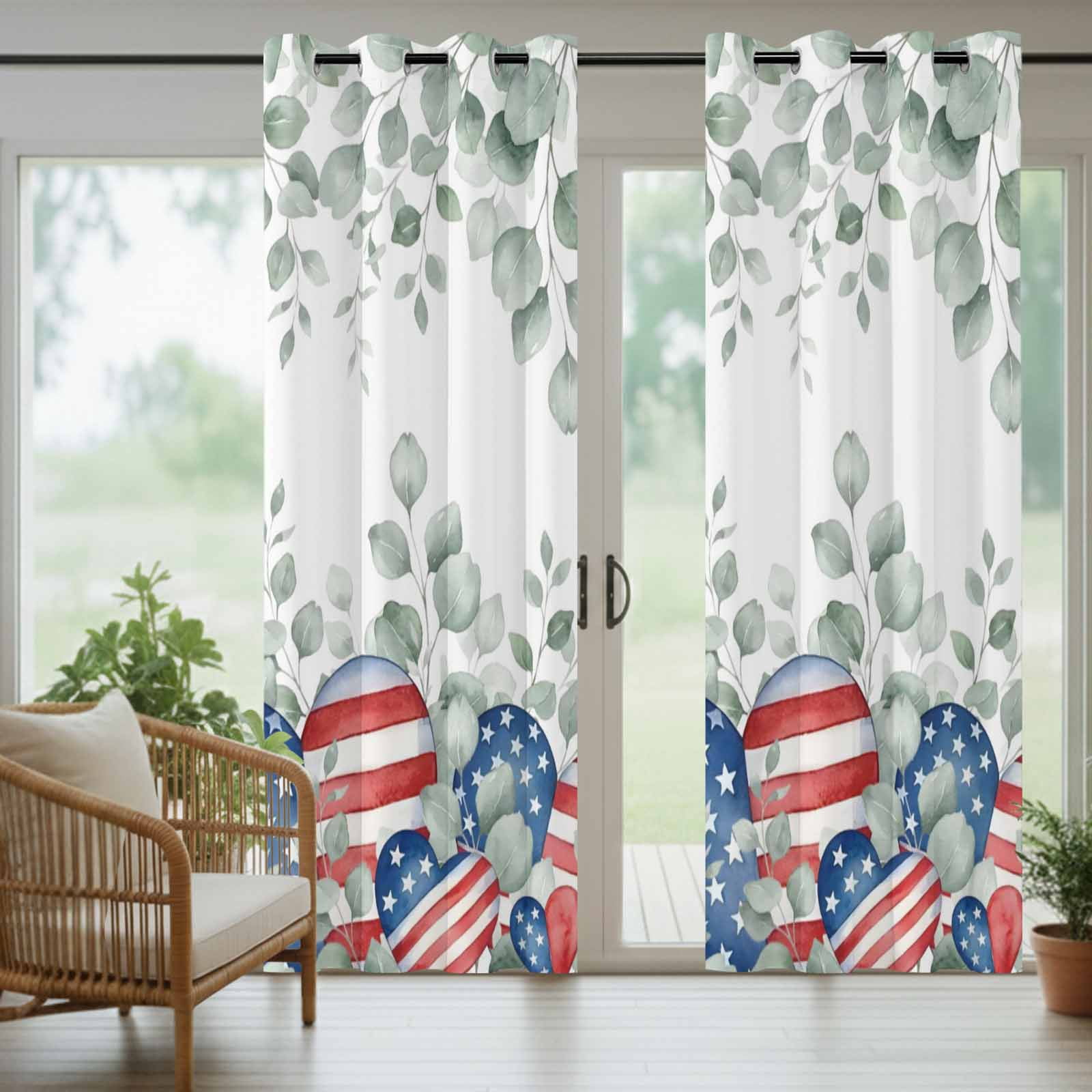 Independence Day Outdoor Curtains for Patio, Red Blue Star Stripe Love Heart Eucalyptus Leaves Sunshade Privacy Drapes Grommet Waterproof Outside Curtains for Porch/Cabana/Balcony 54"x 108", 1 Panel