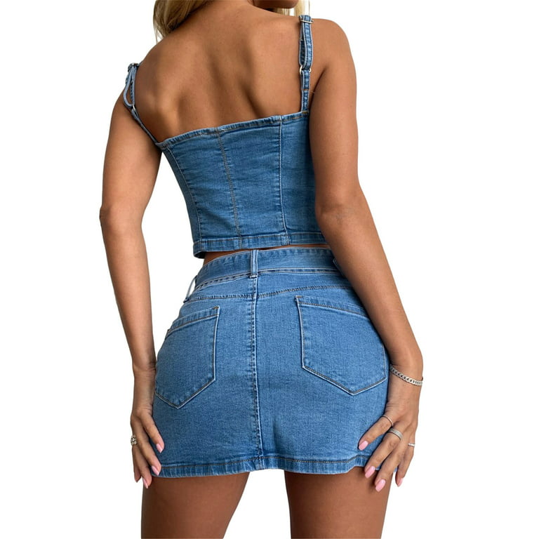 Aunavey Women 2 Piece Denim Skirt Set Outfit Strap Zipper Crop Top