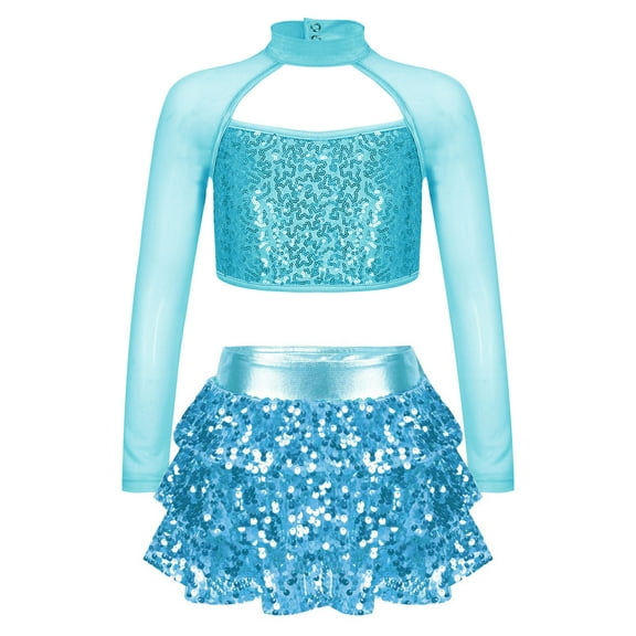 Aislor Kids Girls Shiny Sequins Jazz Hip Hop Dance Outfits Modern Dancing Performance Size 6-16 Lake Blue 16