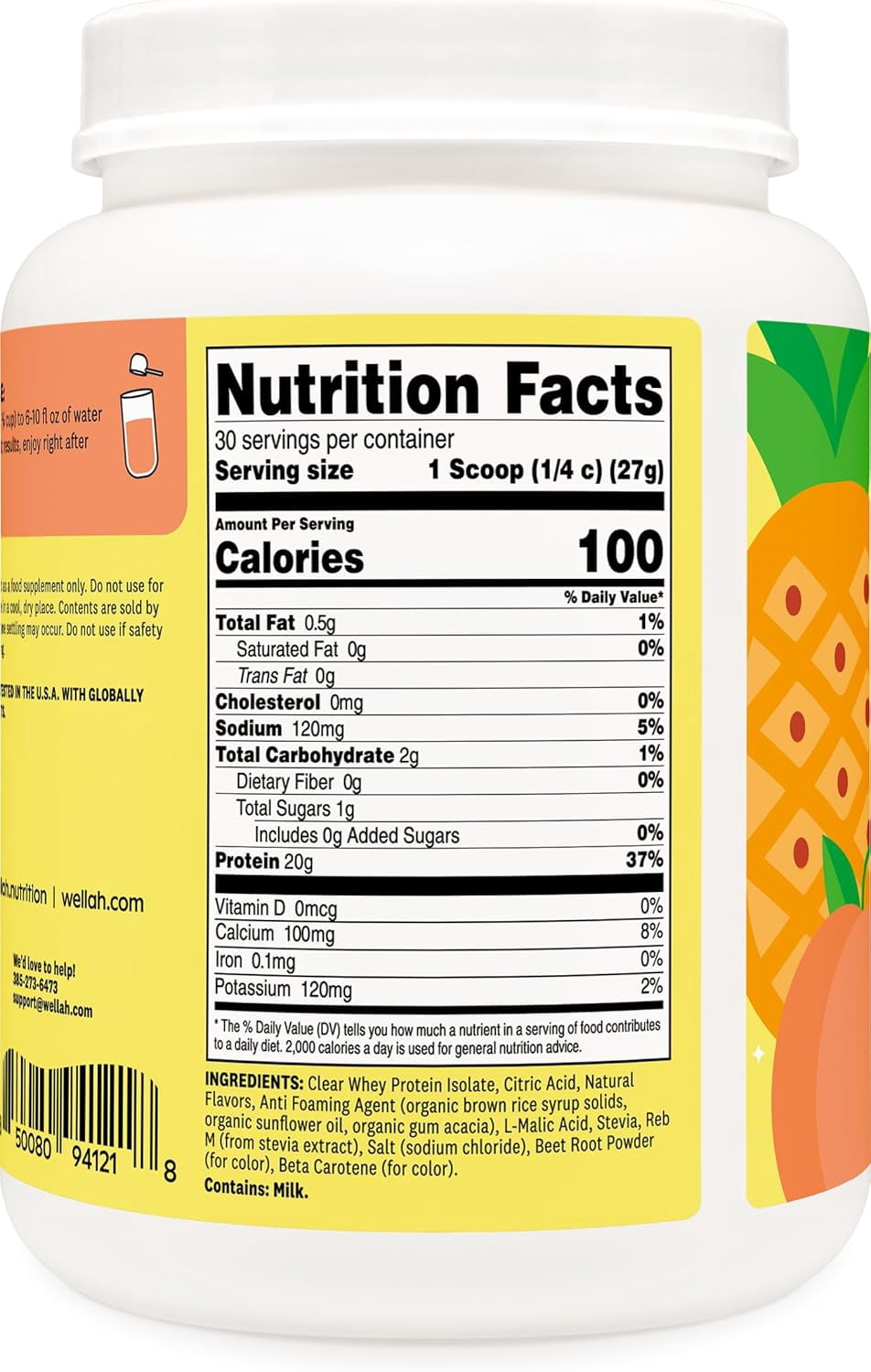 Wellah Clear Whey Protein Isolate Powder (Peach Pineapple) 30 Servings - 20g of Protein, 100 Calories, Sweetened with Stevia