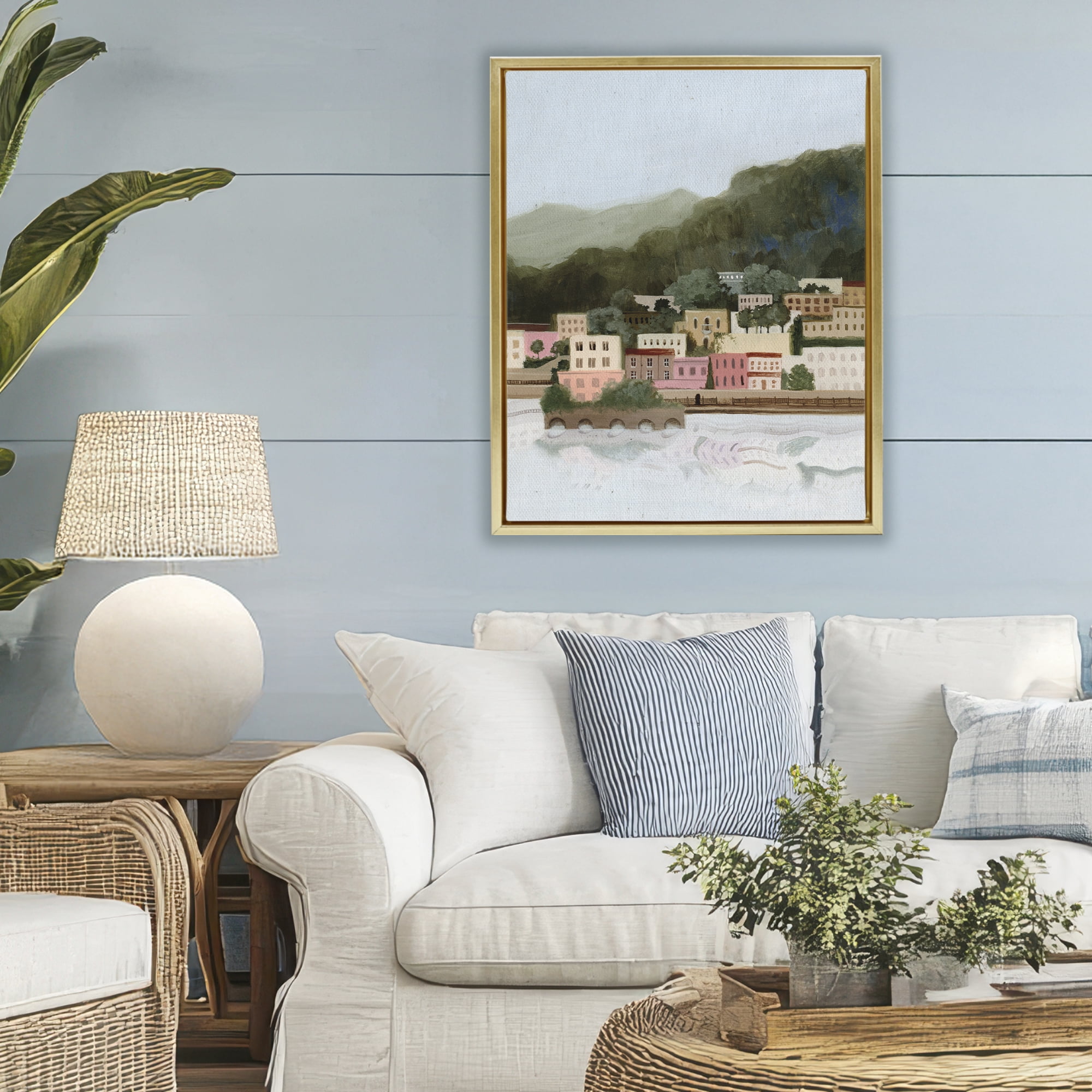 Stupell Industries Mountains By The Sea Gold Framed Floater Canvas Wall Art, design by Grace Popp