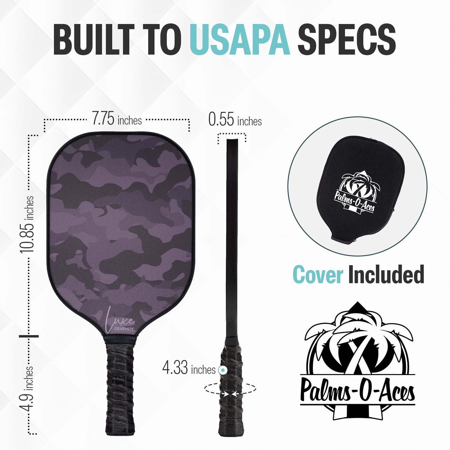 Palms-O-Aces New Luxe Lightweight Graphite Pickleball Paddle - Dark Camo - 7.8 oz