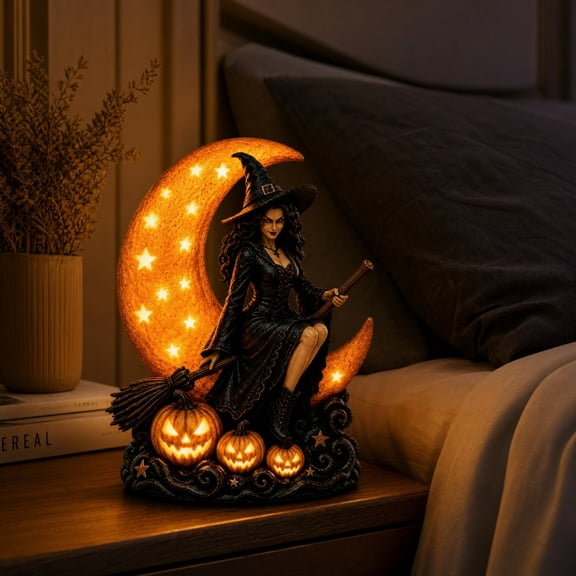 Halloween Witch Lamp, Gothic Resin Witch Decorations, Spooky Witch on Crescent Moon Night Light for Home Porch Halloween Party Decor