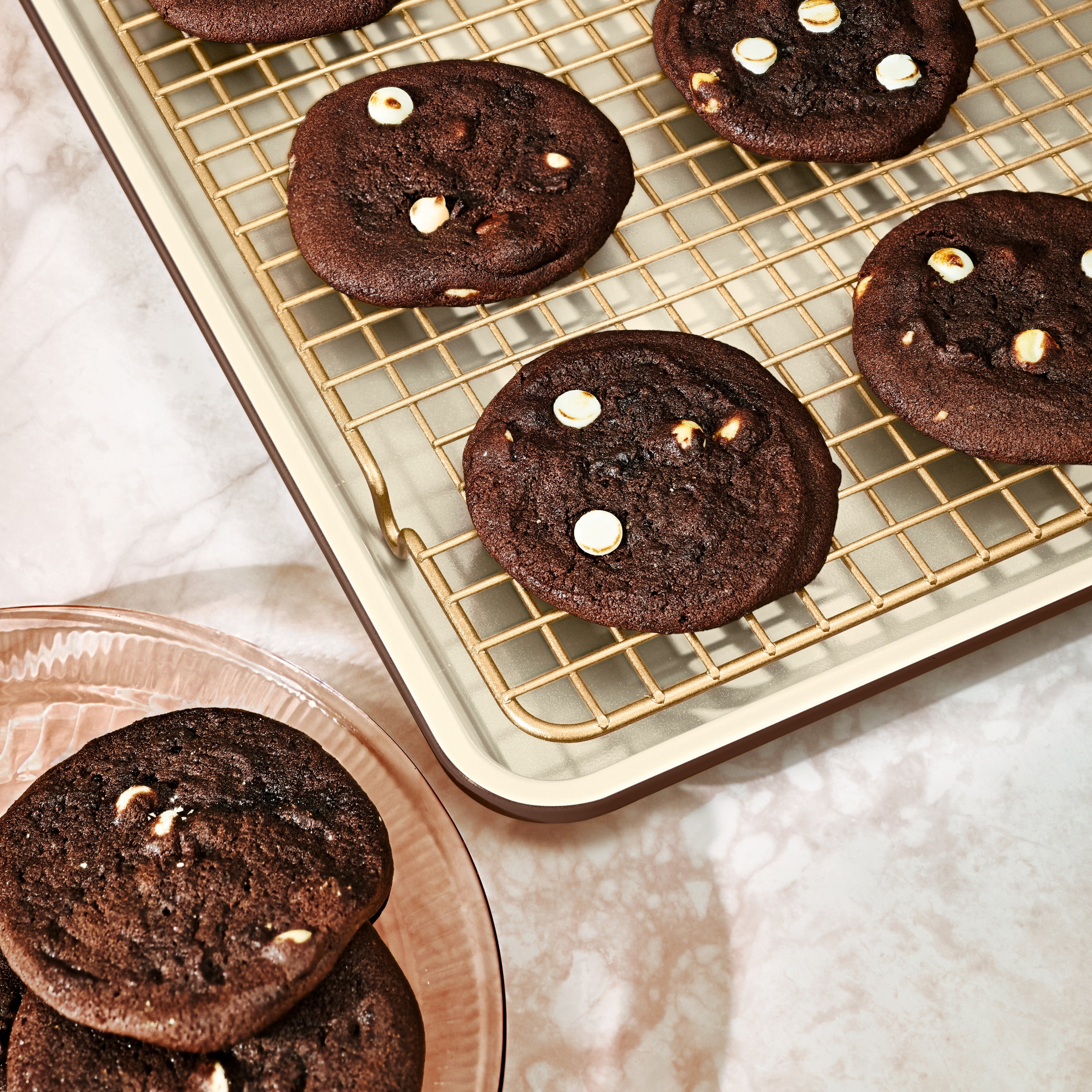 Beautiful 3-Piece Nonstick Metal Bakeware Set with Baking Sheet, 9" x 13" Cake Pan & Cooling Rack, Chocolate Brown by Drew Barrymore