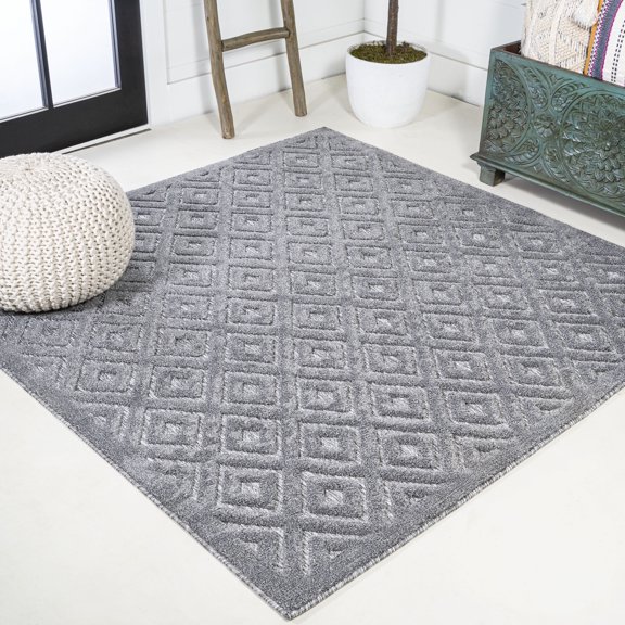JONATHAN Y IBIZA 5' Square Area Rug, Portmany Neutral Diamond Trellis - Dark Gray, IBZ104A-5SQ