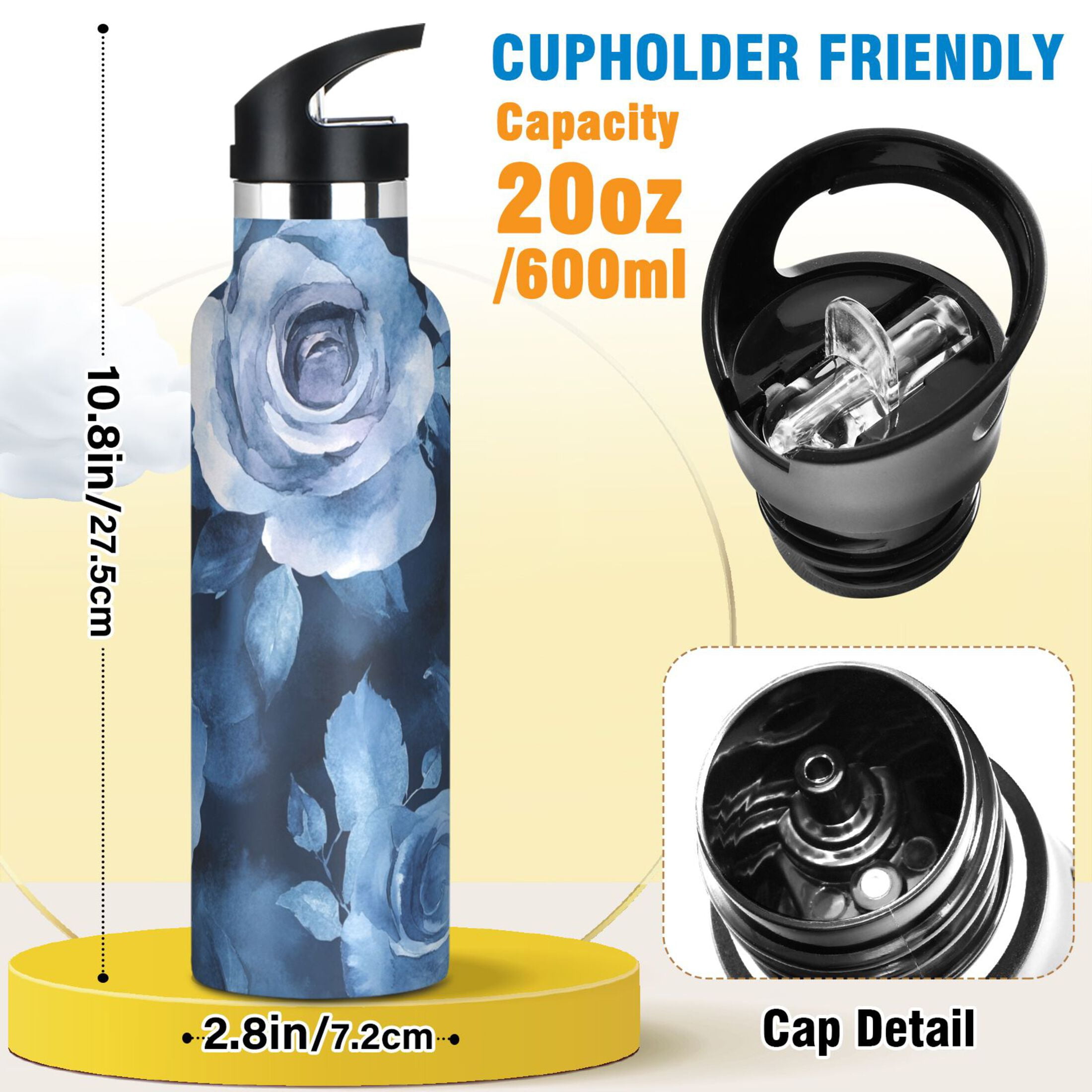 600ML Stainless Steel Insulated Cup Sports Water Bottle Portable Thermos Cup Water Glasses Insulated Tumblers Convenient and Durable Cartoon Teal Roses Seamless