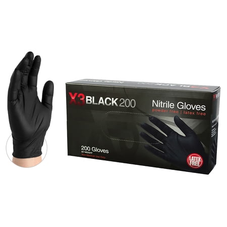 AMMEX BX3D Nitrile Latex Free Industrial Disposable Gloves, Small, Black, 200/Box