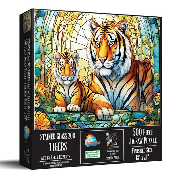 SUNSOUT INC - Stained Glass Zoo - Tigers - 500 pc Jigsaw Puzzle by Artist: Kelly Roberts - Finished Size 18" x 24" - MPN# 73308
