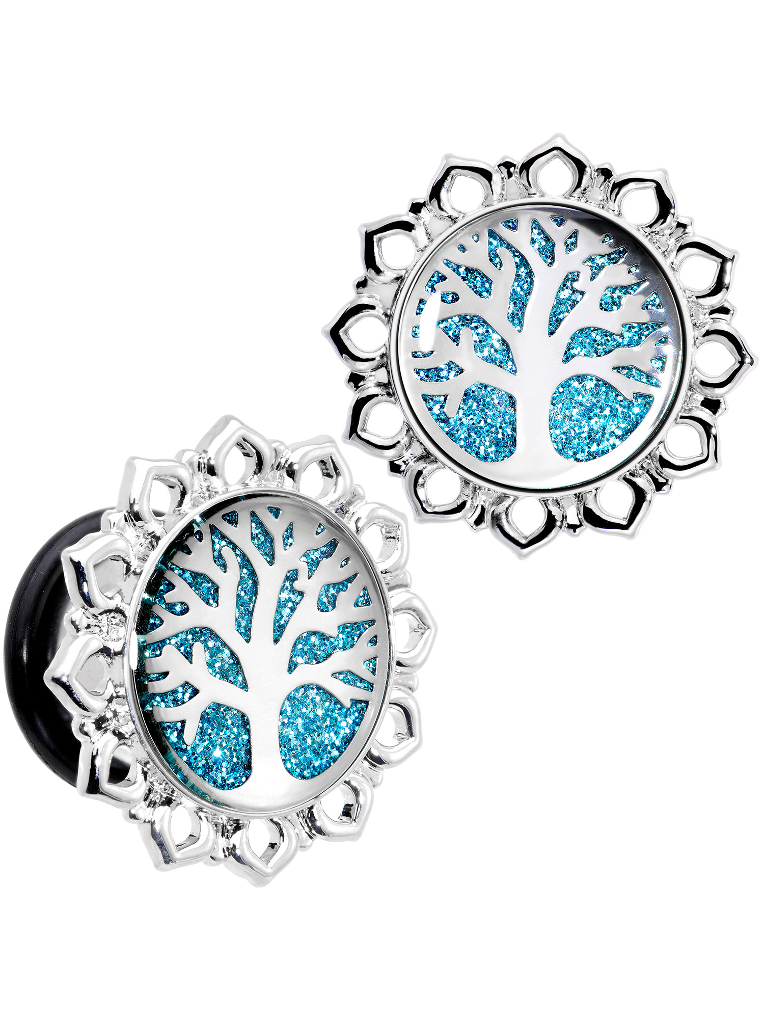 Body Candy 1/2" 2Pc Steel Blue Glitter Inlay Tree of Life Single Flare