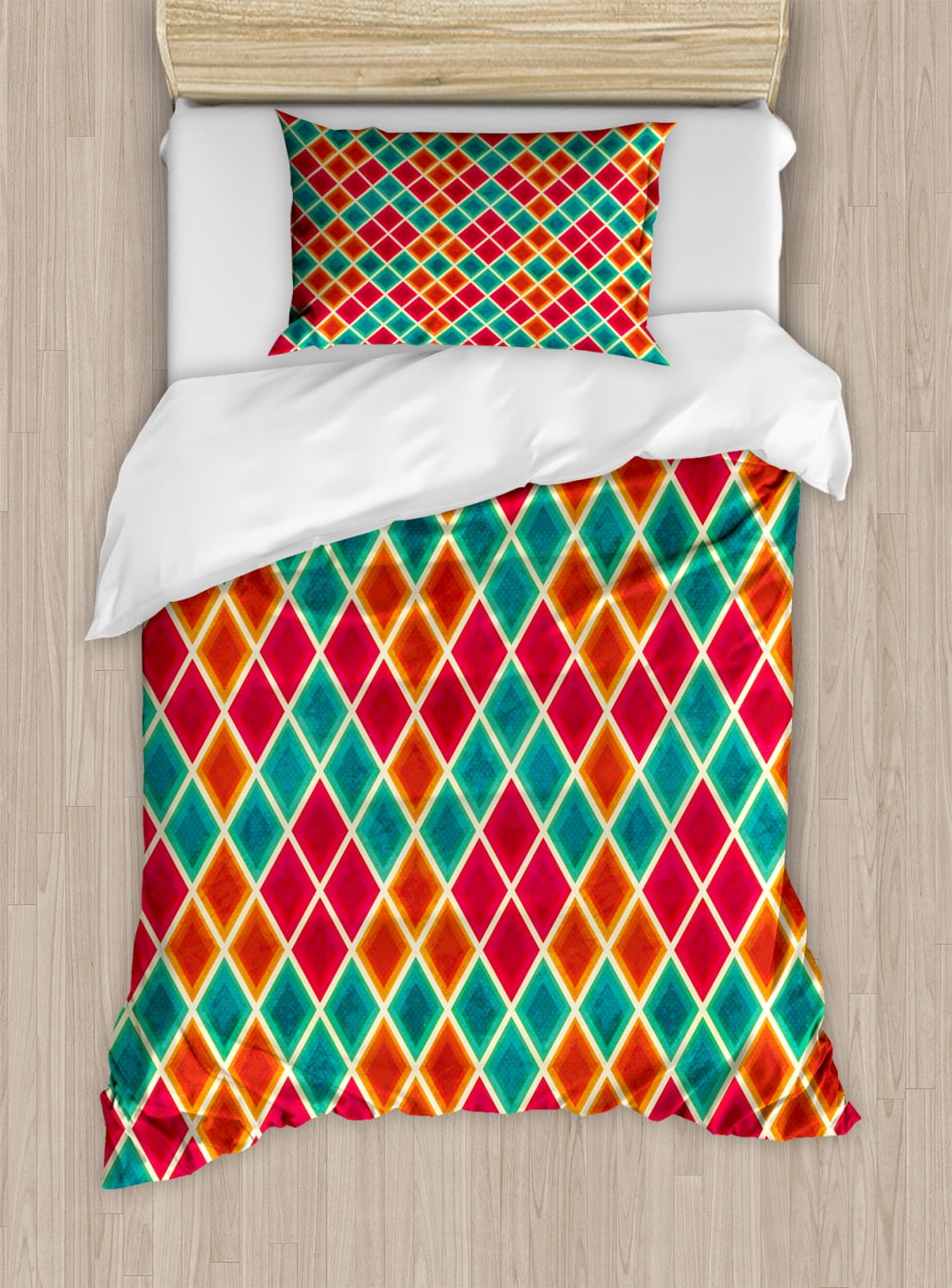 Geometric Duvet Cover Set Twin Size, Vibrant Colored Grunge Rhombus