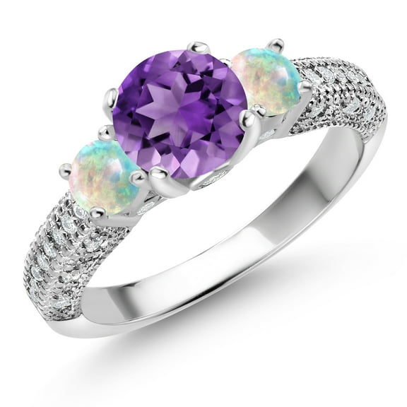 Gem Stone King 925 Sterling Silver Purple Amethyst White Opal and White Moissanite Engagement Ring for Women (1.78 Cttw, Gemstone February Birthstone, Round 7MM and 4MM, Size 8)