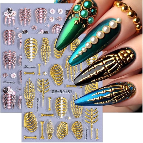 YISITIAN 2PCS Halloween Nail Stickers, 5D Self-Adhesive Skeleton Nail Art Decals with Black Pink Flowers and Gold Accents for Women Girls DIY Manicure AZ1014-3955