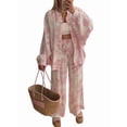 thumbnail image 3 of Women 2 Piece Outfits Sets Dressy Shirt Wide Leg Drawstring Pants Sets Pink L, 3 of 9