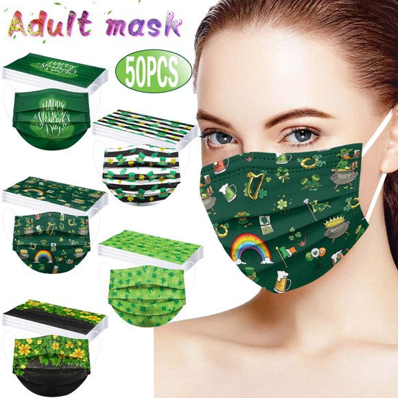 Flywake Masques Jetables de la Saint-Patrick 50 Pcs 3 Plis, Masques pour le Visage, Adaptés pour la Maison, l'École, le Bureau et l'Extérieur