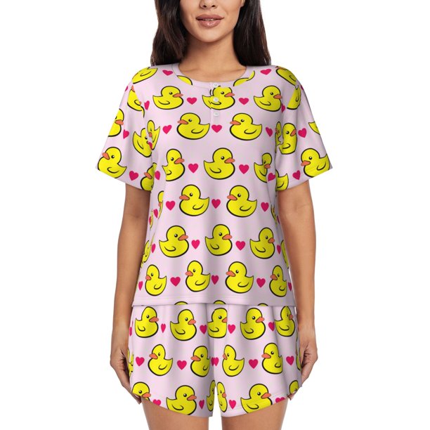 Balery Ducks And Pink Heart Conjunto de Pijama para Mujer con Estampado, Dos Piezas de Manga Corta y Shorts, Ropa de Dormir Suave con Cuello Redondo y Bolsillos-Small