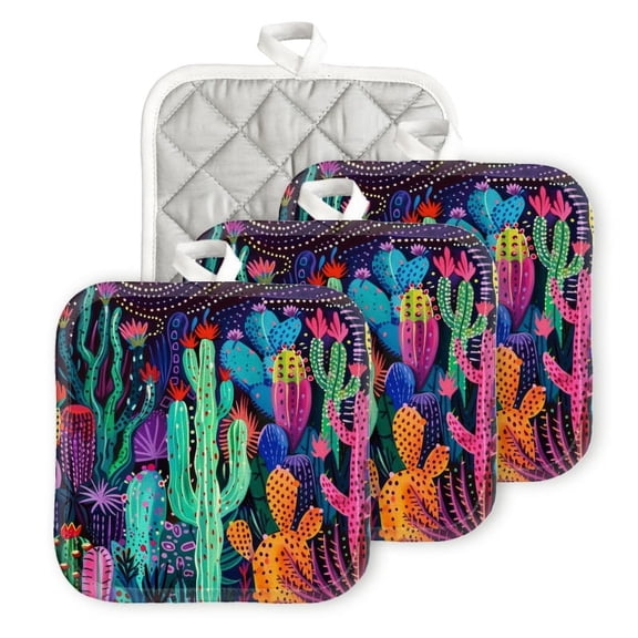 Bahomeck Pot Holder 4Pcs,Vibrant Cactus Garden In The Style Of Folk Art Square Heat Resistant Hot Pads For Kitchen Cooking Oven With Hanging Loop Potholder Easy To Store