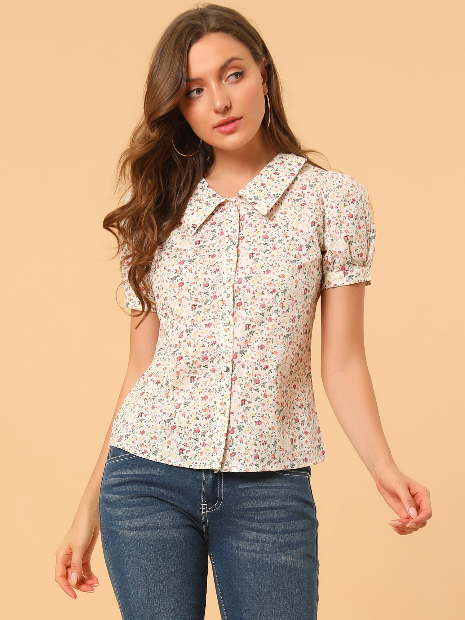 DARING DIVA Women's Turndown Collar Button Down Floral Blouse L White