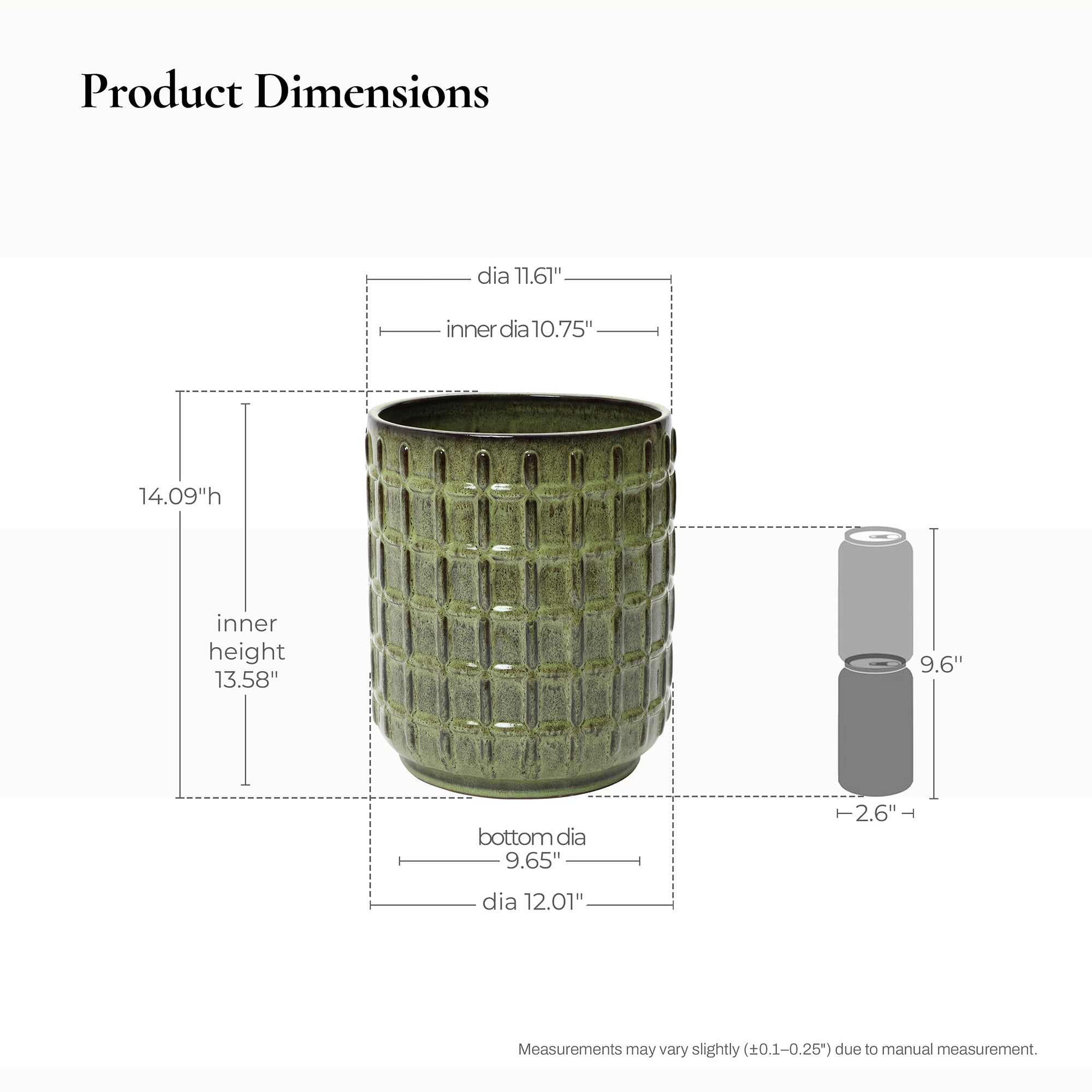 LuxenHome 14" Tall Ceramic Planter Pot for Indoor Outdoor Plants with Geometric Texture, Large Garden Plant Pots with Drainage Hole, Green