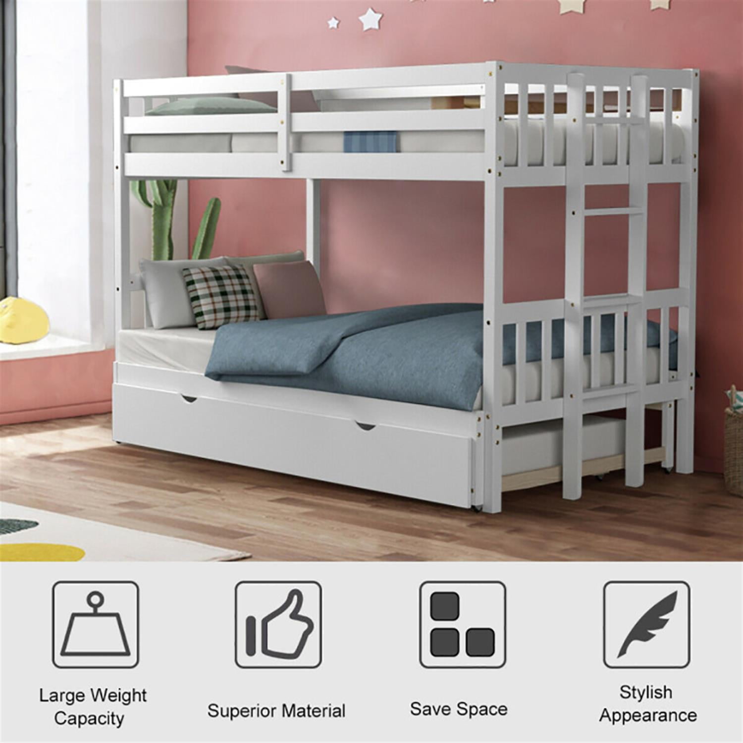 Demi Bonn Twin Pull-Out Bunk Beds with Ladder in the Steps and a Trundle, Bunk Bed Platform, White