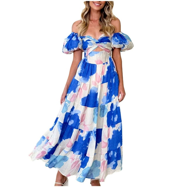 Pisexur Robes pour Femmes à Épaules Dénudées, Robe Maxi à Imprimé Floral, Robes de Bal Sans Bretelles, Tunique à Torsade devant, Robe Soleil, Ourlet à Volants, Robe Cocktail Fluide à Étages, Robe Longue d'Été Décontractée Bohème Formelle