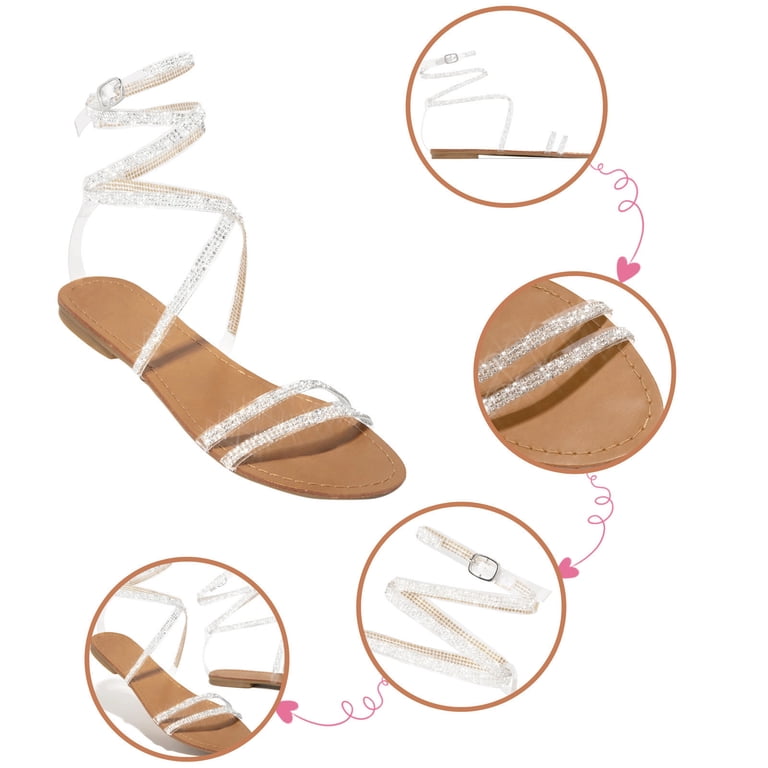 Onlymaker Women's Rhinestone Butterfly Flat Sandals - Lace Up Ankle Wrap Summer Beach Shoes