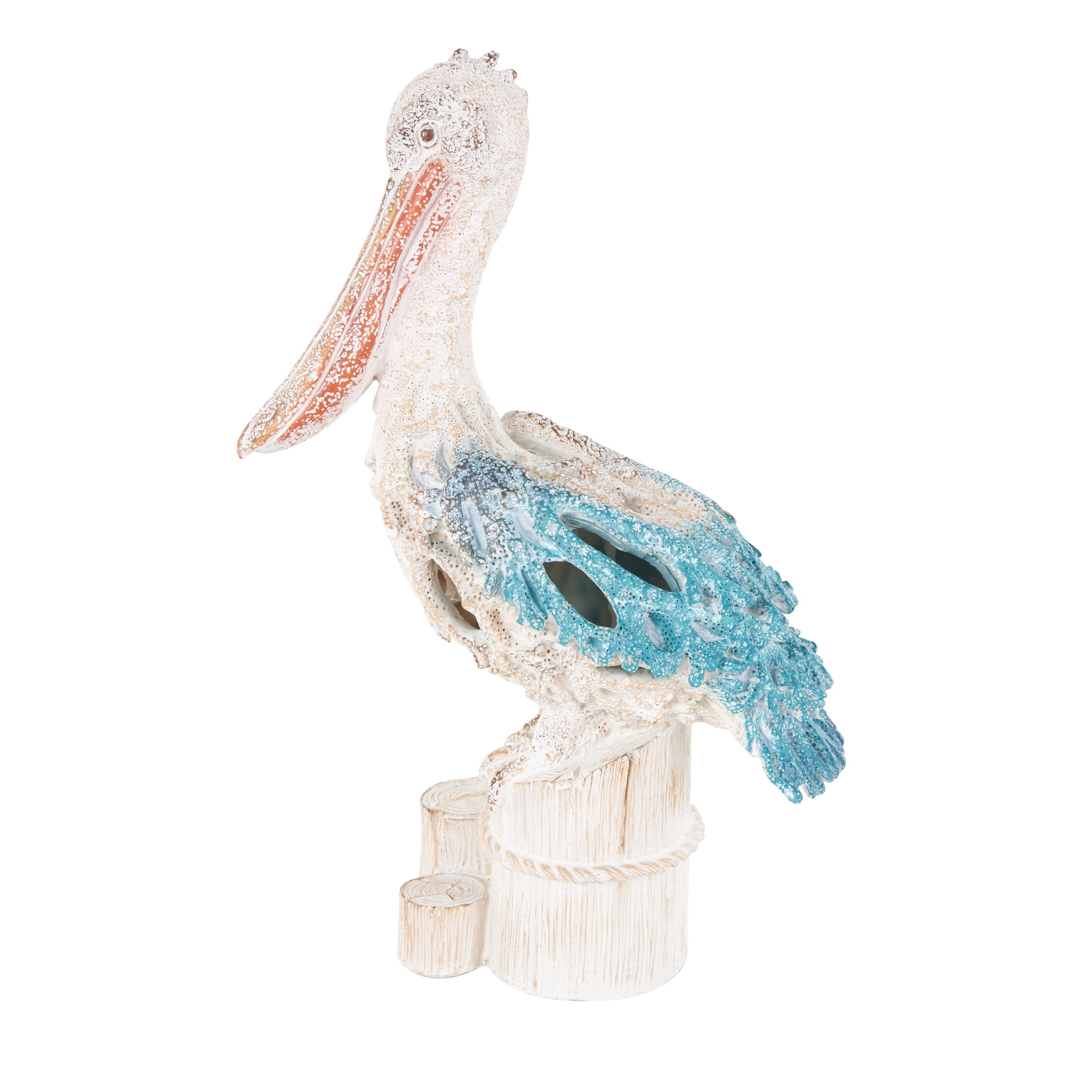 8" x 13" Blue Polystone Textured Pelican Sculpture with Blue Feathers, by DecMode