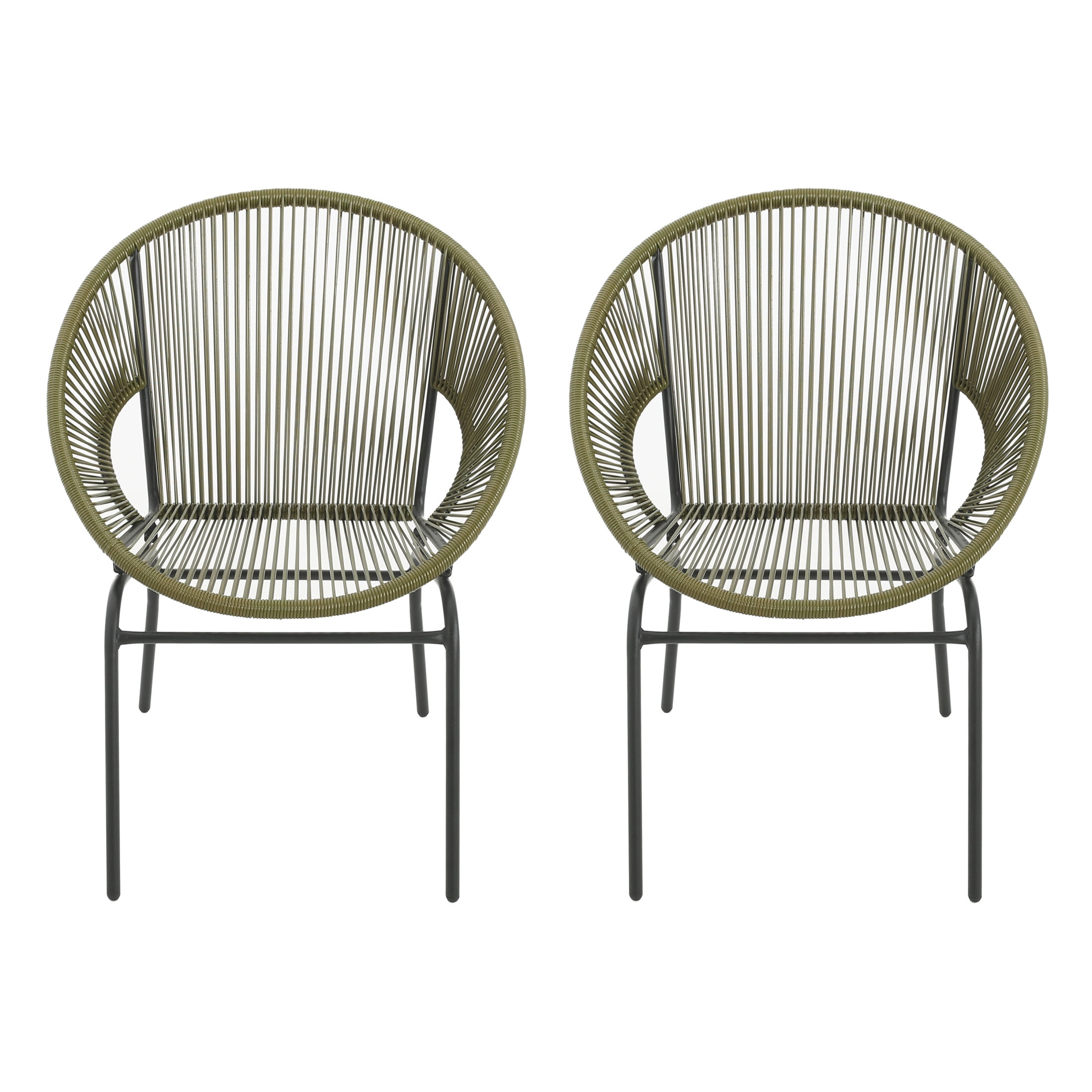 Modern Outdoor Woven Basket Club Chairs with PP Rattan and Iron Frame, Green, Set of 2
