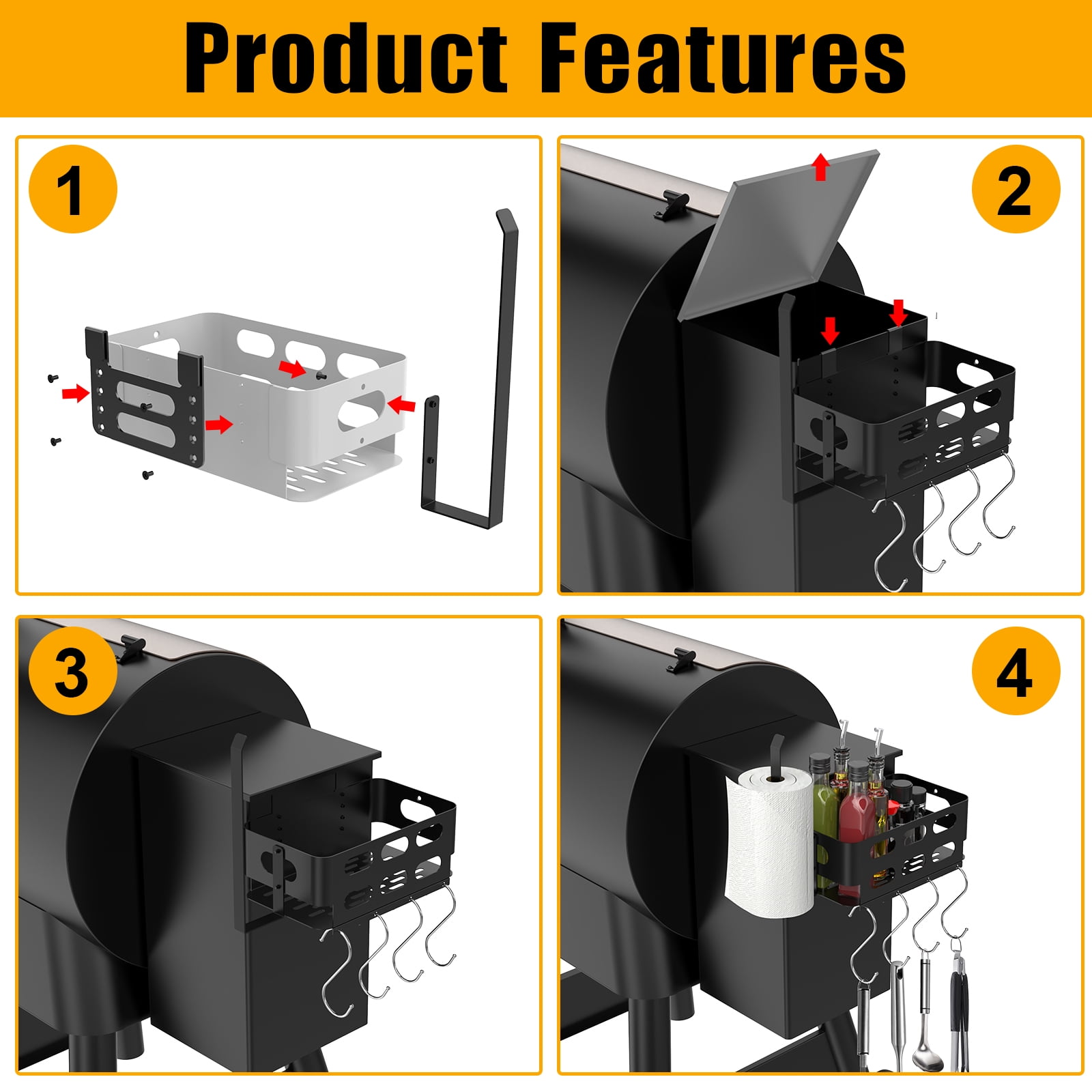 Storage Bin with 4 Hooks and Paper Towel Holder for Traeger Pro 22,  34,  575,  780, Ironwood 650 885, Compatible with Pit Boss &  Z Grill & Other