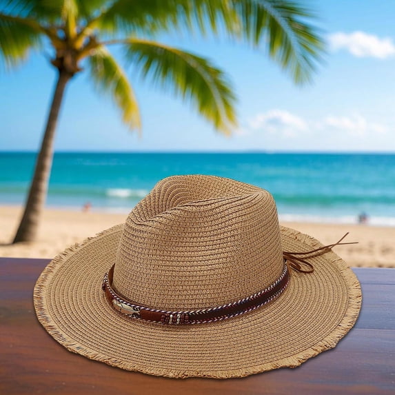 FUZHIQ Cowboy Straw Hat for Men Women Frayed Brim Woven Fedora Sun Hat Vintage Summer Cap for Outdoor Beach Vacation Travel,One Size