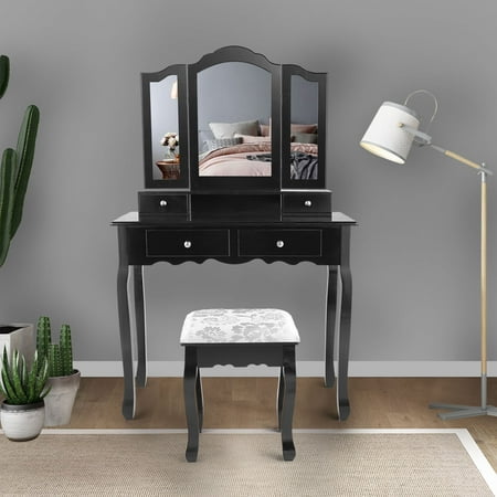 Black Tri Folding Mirror Bathroom Vanity Makeup Dressing Table Stool Set Home Furniture With 4