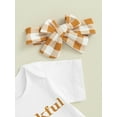 thumbnail image 6 of LMLYSoH Infant Girl Thanksgiving Jumpsuit Letter Short Sleeve Romper + Ruffled Plaid Print Shorts + Bow Headband, 6 of 9