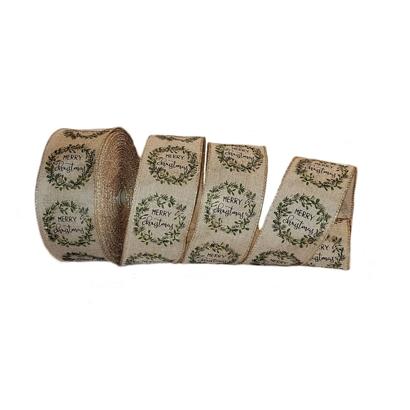 2.5 In x 50 Yards Wired, Merry Christmas W/ Green Wreaths & Gold Glitter Accents