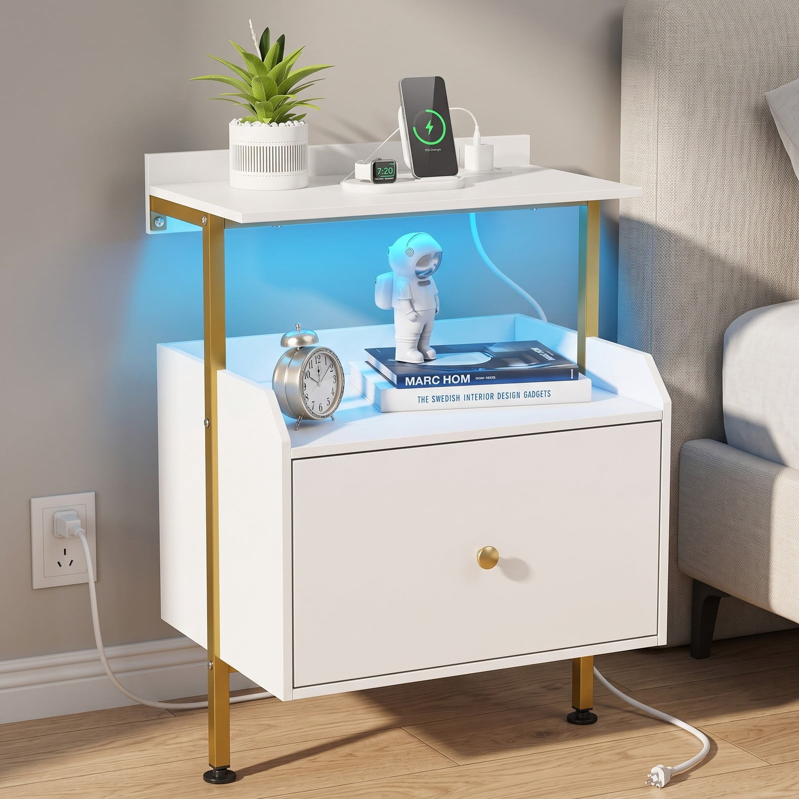 Furnibear Wall-mounted Nightstand with LED Lights and Charging Station, Floating Bedside Table with Open Shelves and Storage Drawer, White