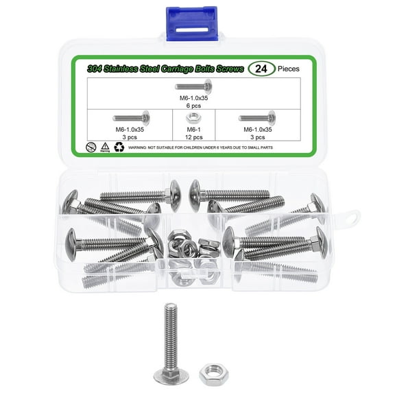 12 Set Carriage Bolts and Nuts Kit, M6-1.0x35 Stainless Steel 304 Round Head Square Neck Carriage Bolts Screws and Hex Nuts - Silver