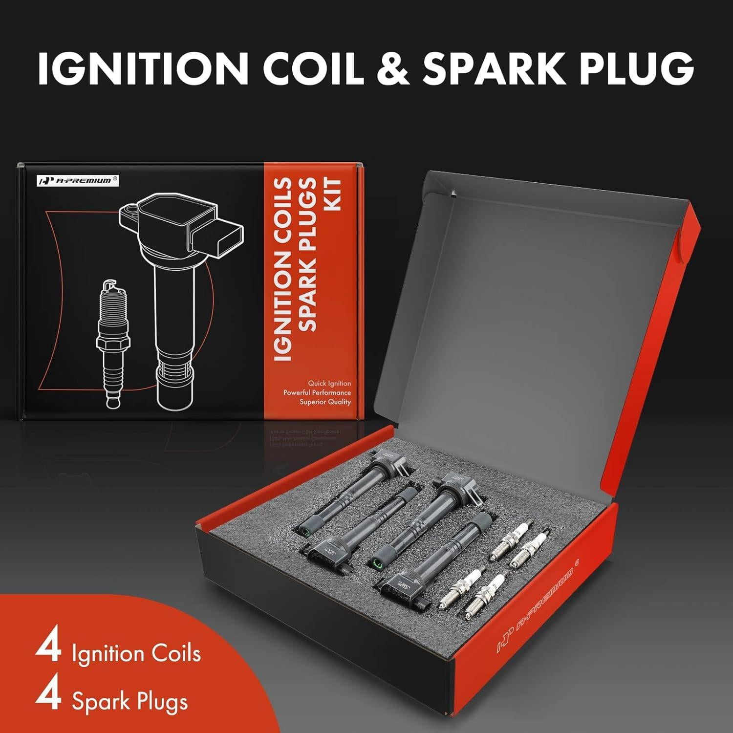 A-Premium Set of 4 Ignition Coil Pack and Iridium Spark Plugs Compatible with Honda CR-V 2010-2014 Civic 2012-2015 Accord 2008-2012 Crosstour 2008-2012 & Acura ILX 2013-2015 2.4L Replace# NGK97390