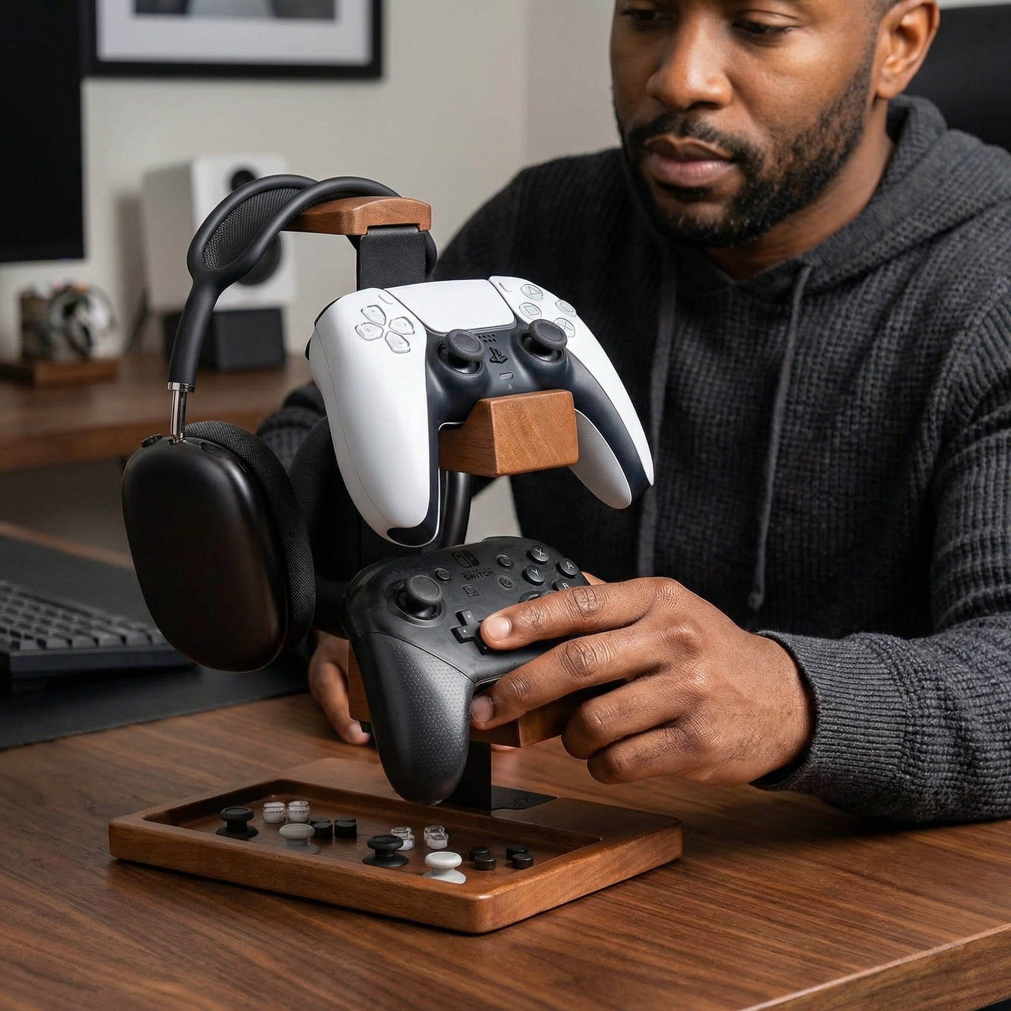 Solid Wood Controller Holder and Headphone Stand, Gaming Controller Stand for Desk, Dual Controller Organizer Rack, Fits Xbox, PS4, PS5, Gamepad, Headset Holder for Son, Husband, Boyfriend