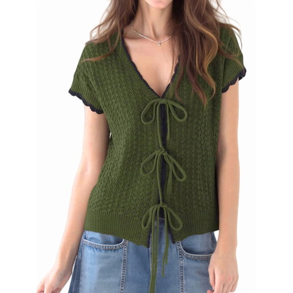 Women Summer Cable Knit Cardigan Sweater Tie Front V Neck Oversized Knitwear Green S