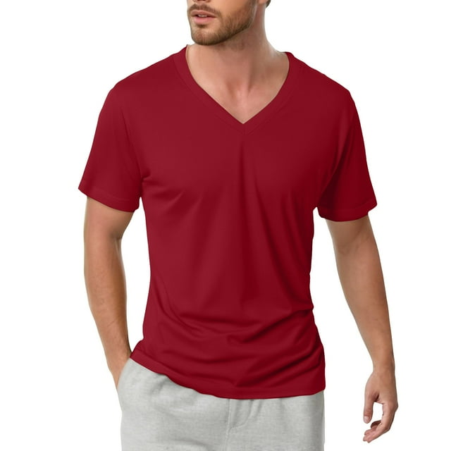 Camiseta de manga corta con cuello en V de color liso para hombre - Top estampado informal transpirable de poliéster