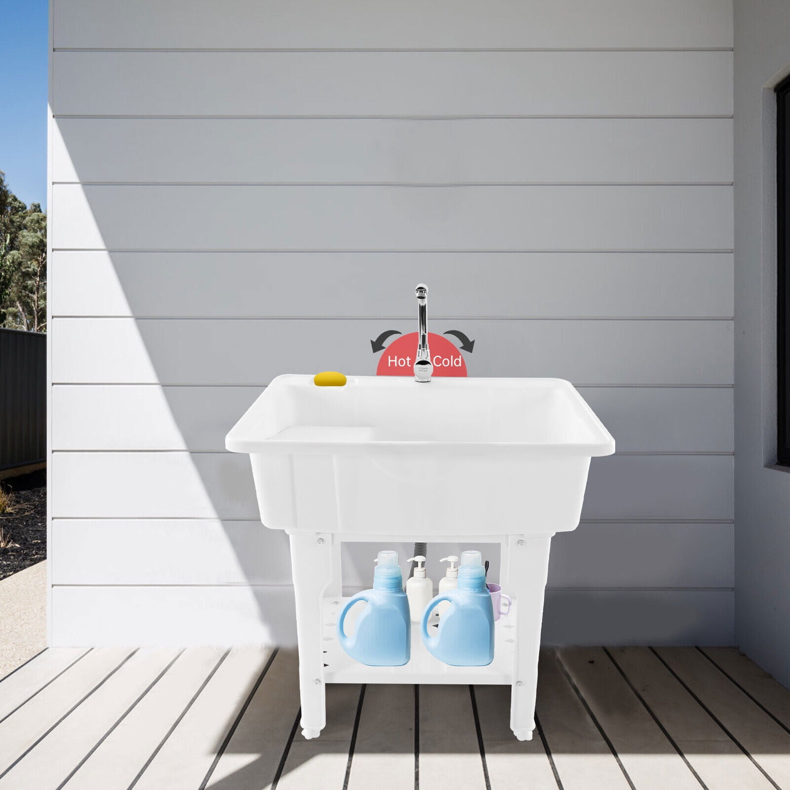 Multi-functional Utility Sink, 28x16.7x8.7in Wash Basin, Premium Plastic Material, Includes Removable Washboard and Storage Shelf, Modern White Design, Suitable for Garage, Balcony, and Outdoor Use