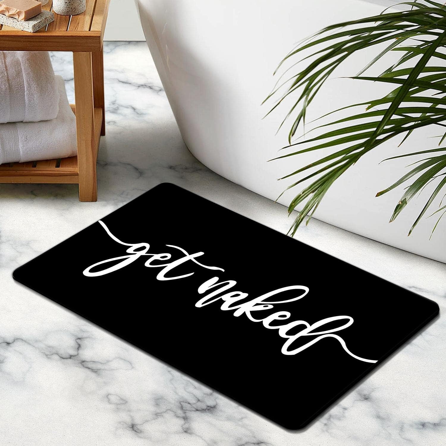 Get Naked Bath Mat,Funny Modern Bathroom Decor Black and White Quick Dry Absorbent Non-Slip Bathroom Rugs Thin fit Under Door Bathroom Floor Mats for Bathtub, Shower Room, Sink